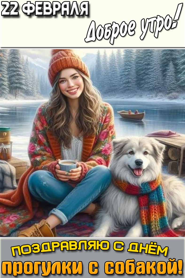 Открытка "22 февраля доброе утро! Поздравляю с днём прогулки с собакой!"