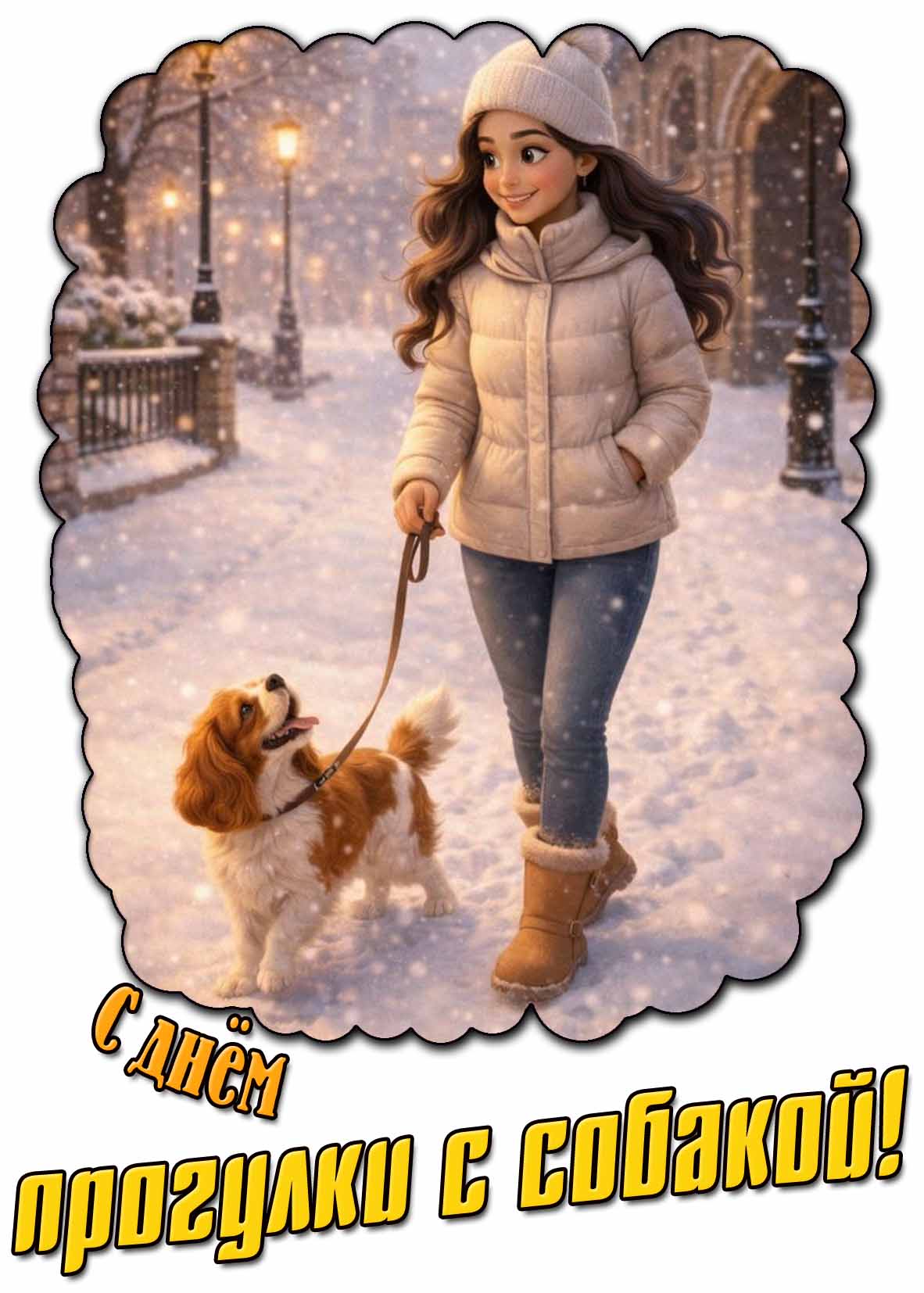 С днём прогулки с собакой! - красивая зимняя открытка