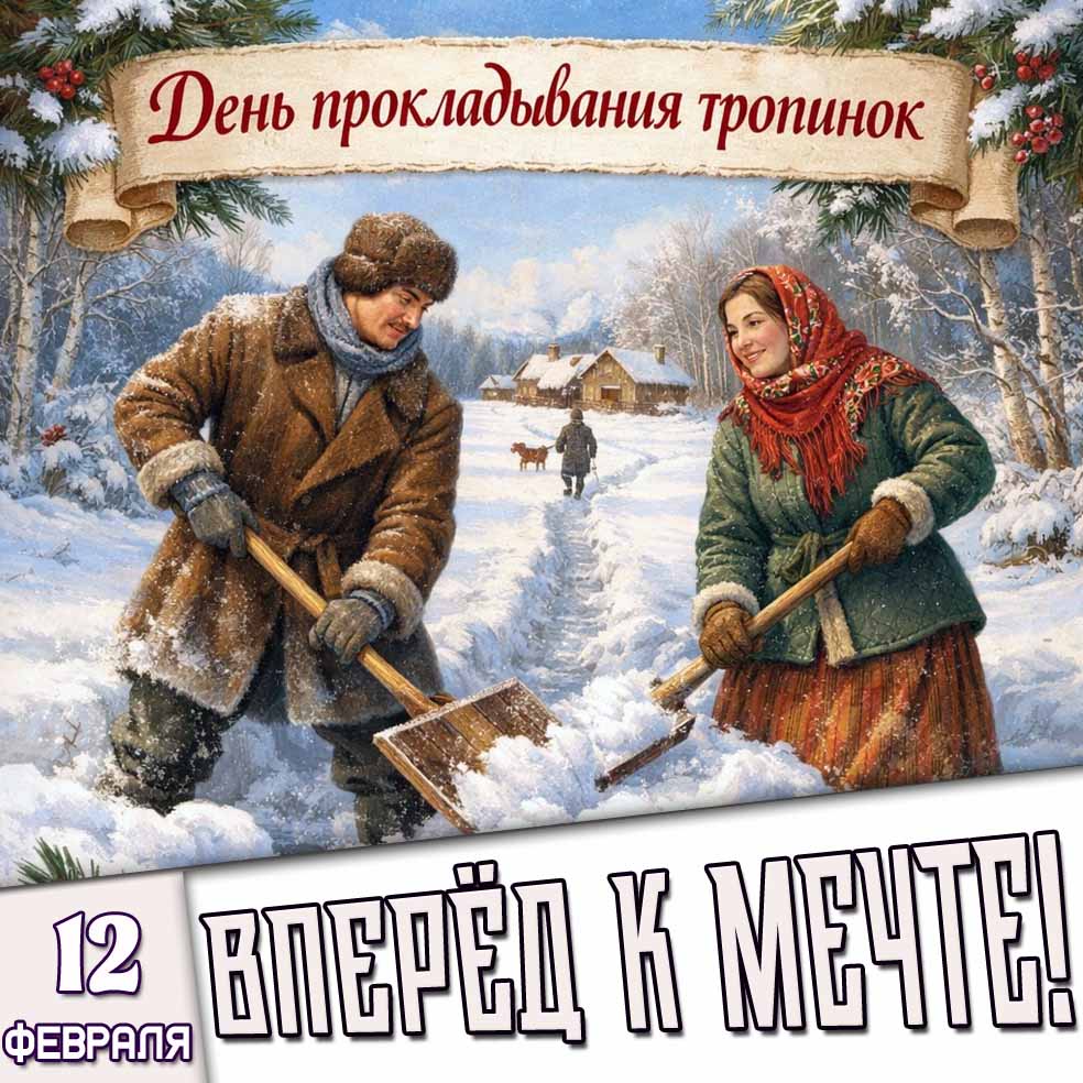 Открытка "12 февраля - день прокладывания тропинок! Вперёд к мечте!"