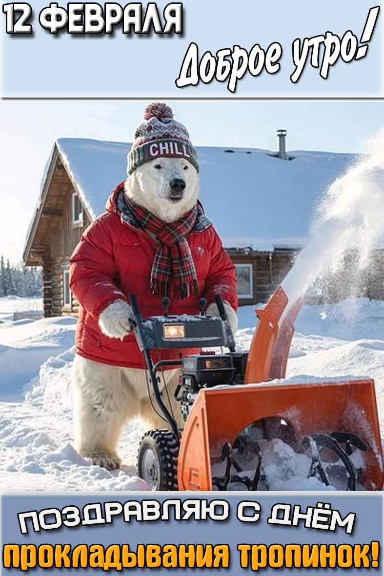Смешная картинка "12 февраля доброе утро! Поздравляю с днём прокладывания тропинок!"