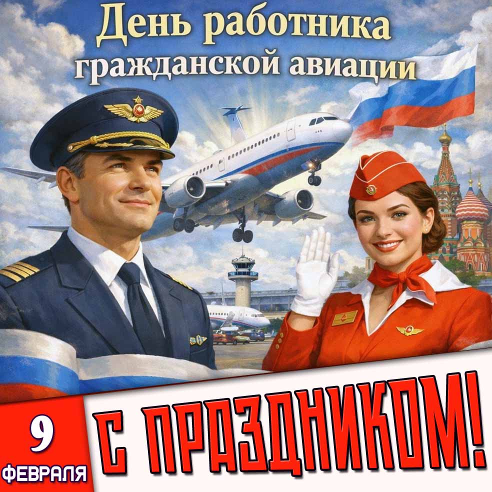 Открытка "9 февраля - день работника гражданской авиации! С праздником!"