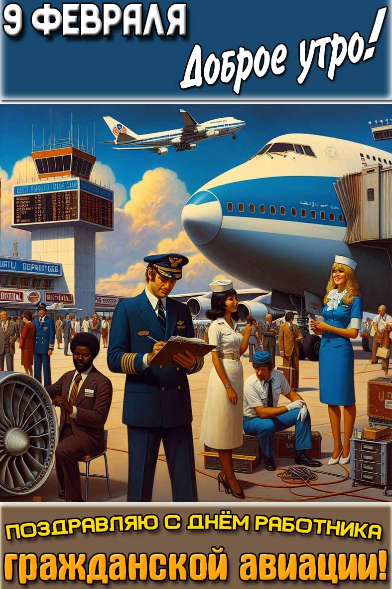 Открытка "9 февраля доброе утро! Поздравляю с днём работника гражданской авиации!"
