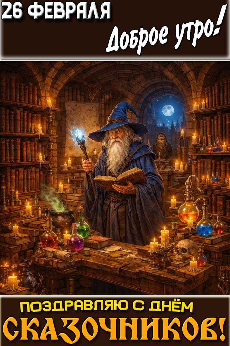 Красивая вертикальная картинка на телефон с волшебником и надписью : "26 февраля доброе утро! Поздравляю с днём сказочников!". Картинка "26 февраля доброе утро! Поздравляю с днём сказочников!"