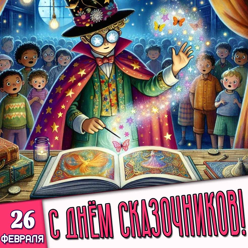 Детская открытка 26 февраля - с днём сказочников!