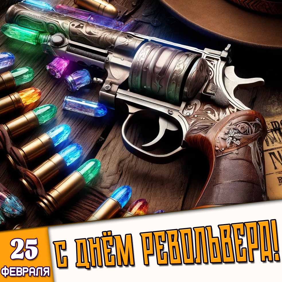 Открытка 25 февраля - с днём револьвера!