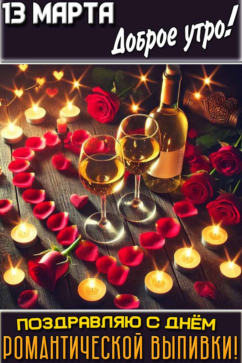 Открытка "13 марта доброе утро! Поздравляю с днём романтической выпивки!"