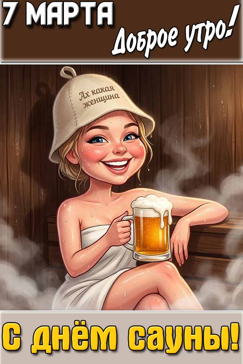 Открытка "7 марта доброе утро! С днём сауны!"