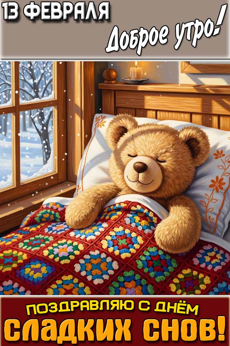 Открытка "13 февраля доброе утро! Поздравляю с днём сладких снов!"