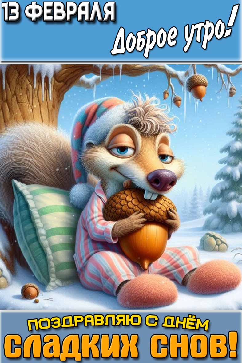 Картинка "13 февраля доброе утро! Поздравляю с днём сладких снов!"