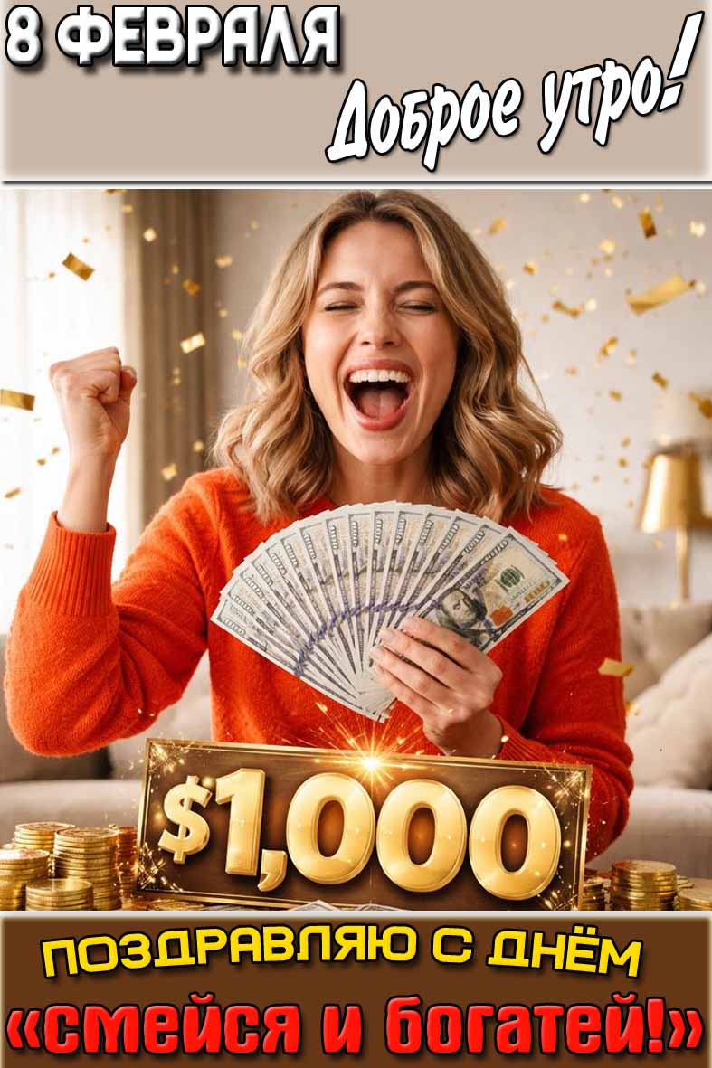 Открытка "8 февраля доброе утро! Поздравляю с днём «смейся и богатей!»"