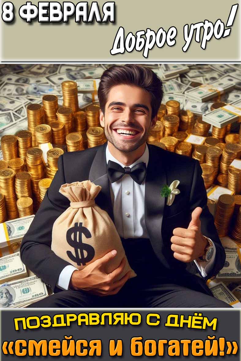Картинка "8 февраля доброе утро! Поздравляю с днём «смейся и богатей!»"