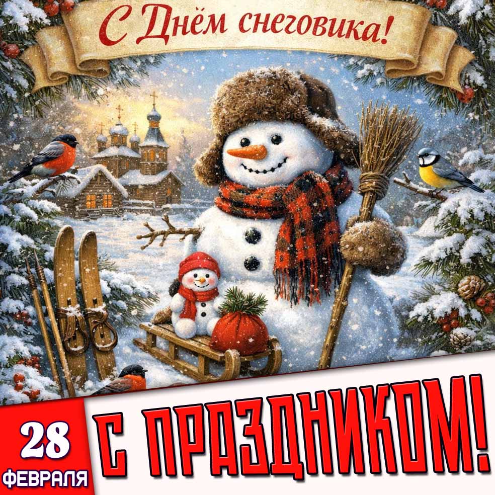 Открытка "28 февраля - С днём снеговика! С праздником!"