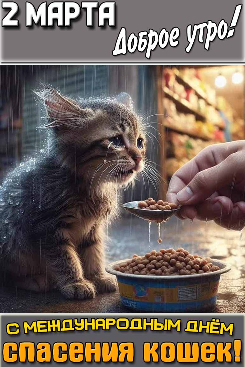 Открытка "2 марта доброе утро! С Международным днём спасения кошек!"
