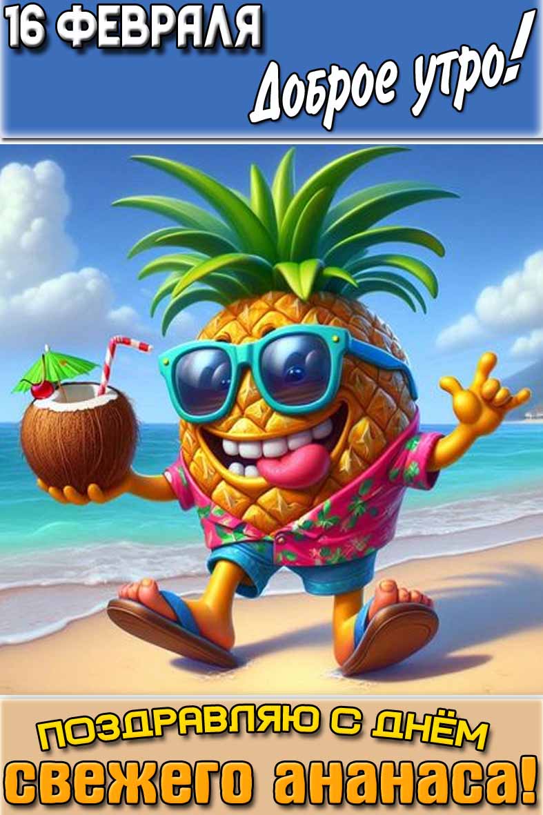 Открытка "16 февраля доброе утро! Поздравляю с днём свежего ананаса!"
