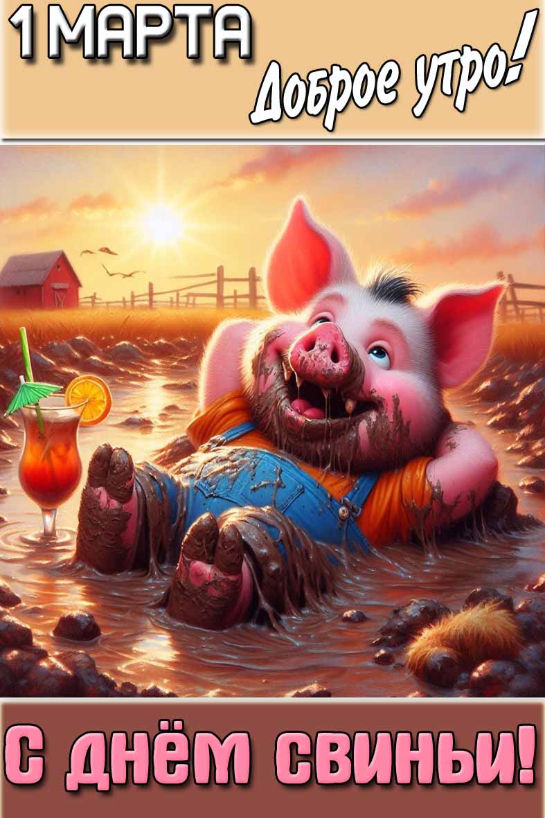 Открытка "1 марта доброе утро! С днём свиньи!"