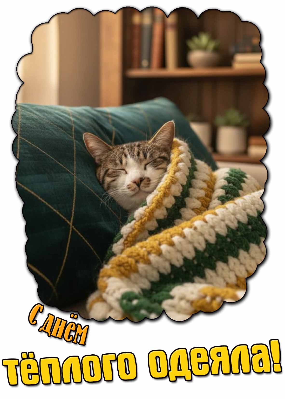 С днём тёплого одеяла! - прикольная открытка с котом