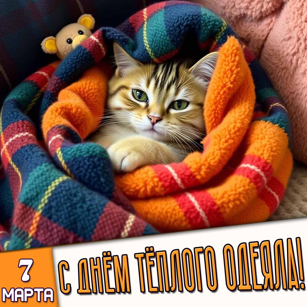 Открытка 7 марта - с днём тёплого одеяла!