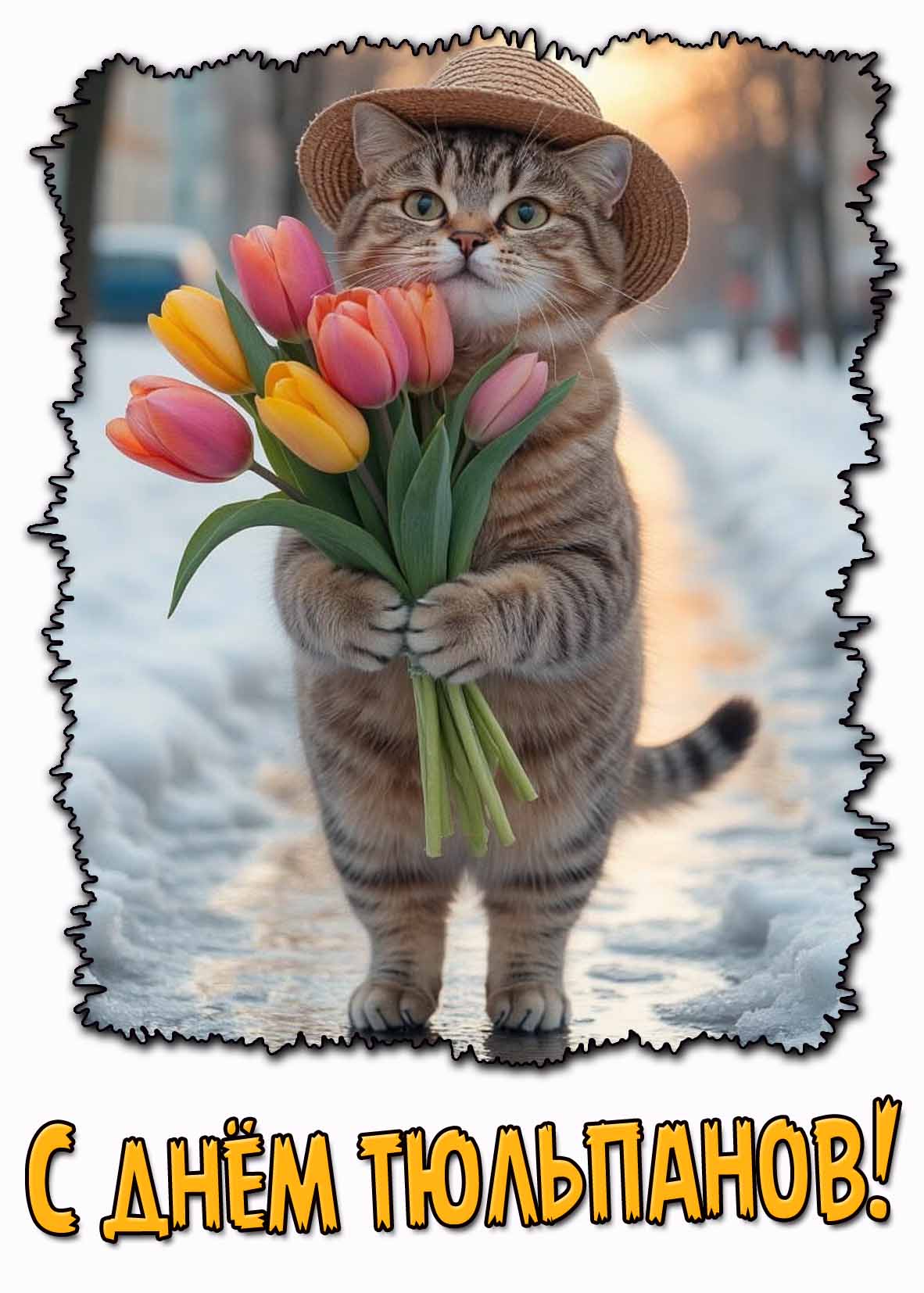 С днём тюльпанов! - прикольная открытка с котом