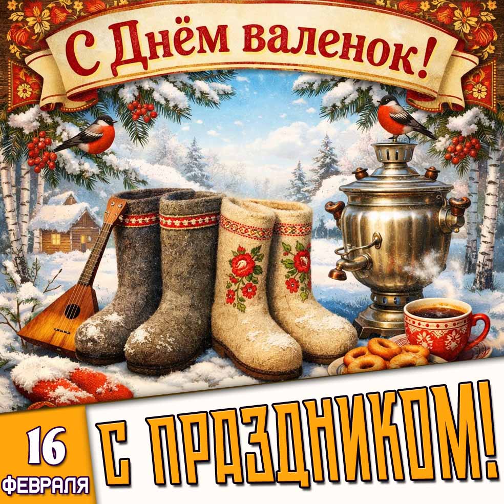 Открытка "16 февраля - с днём валенок! С праздником!"