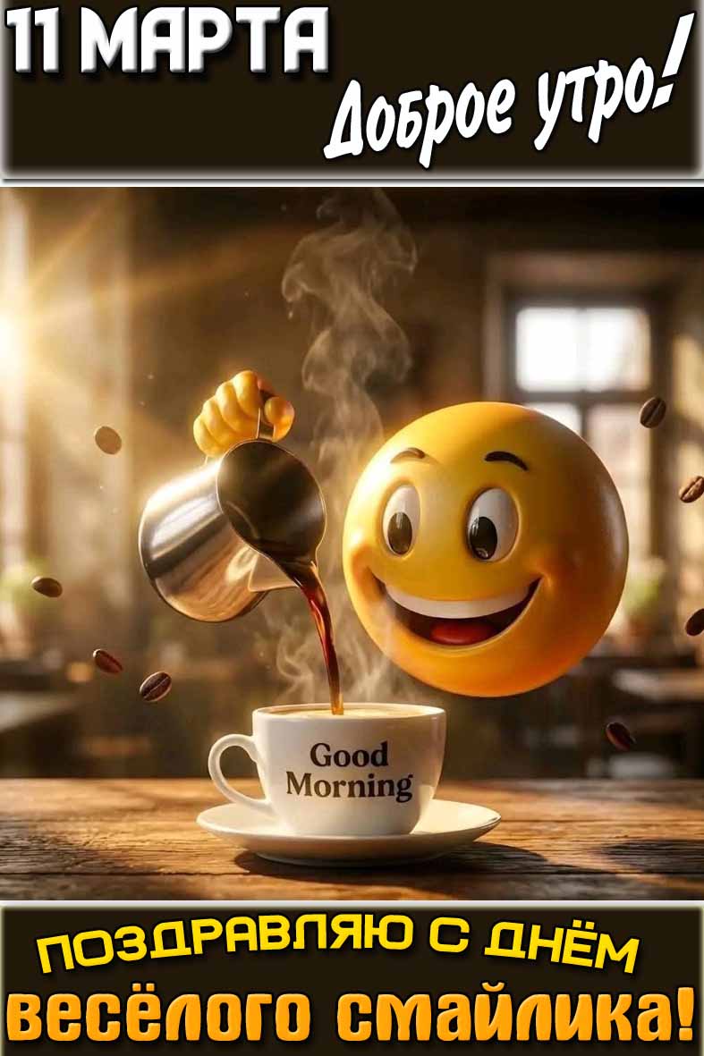 Открытка "11 марта доброе утро! Поздравляю с днём весёлого смайлика!"