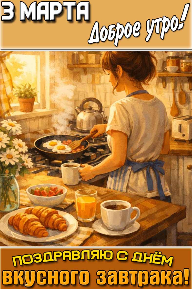 Открытка "3 марта доброе утро! Поздравляю с днём вкусного завтрака!"