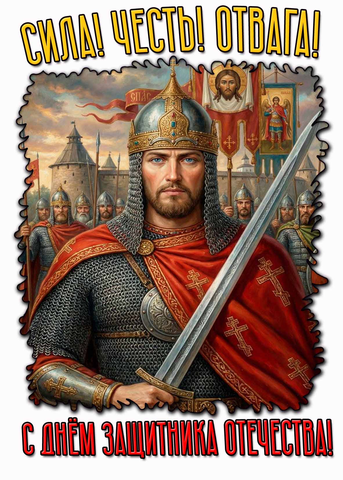 Открытка "Сила! Честь! Отвага! С днём защитника Отечества!"