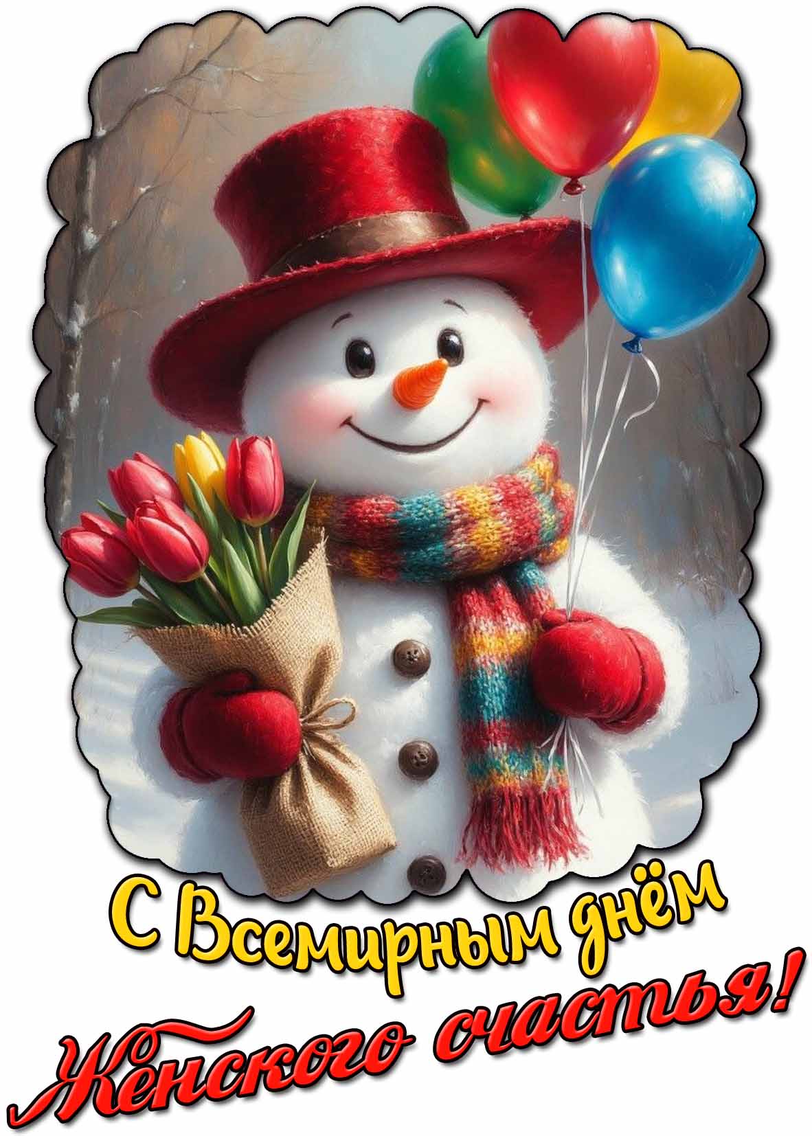С Всемирным днём женского счастья! - открытка со снеговиком