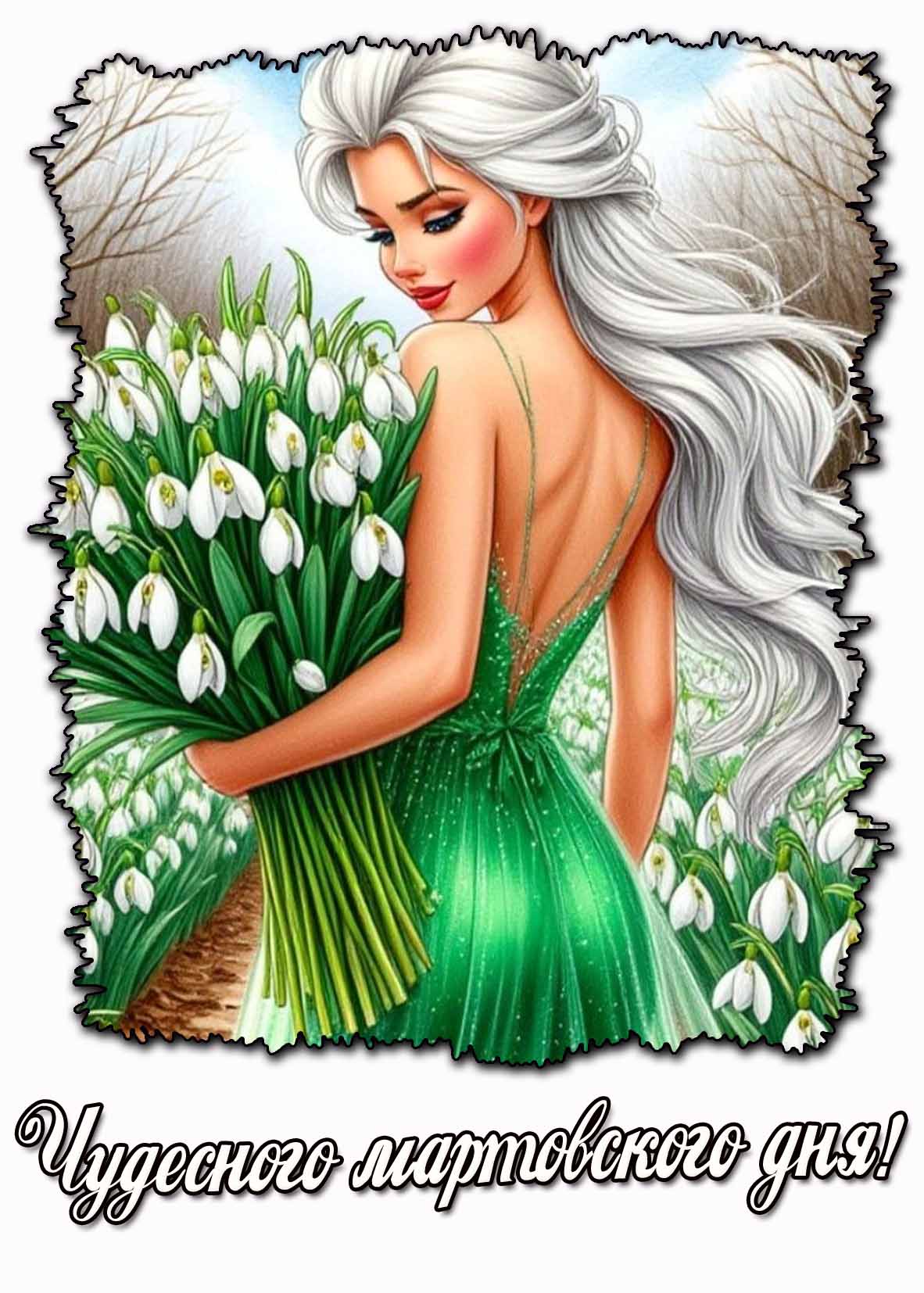 Чудесного мартовского дня! - открытка с девушкой с подснежниками