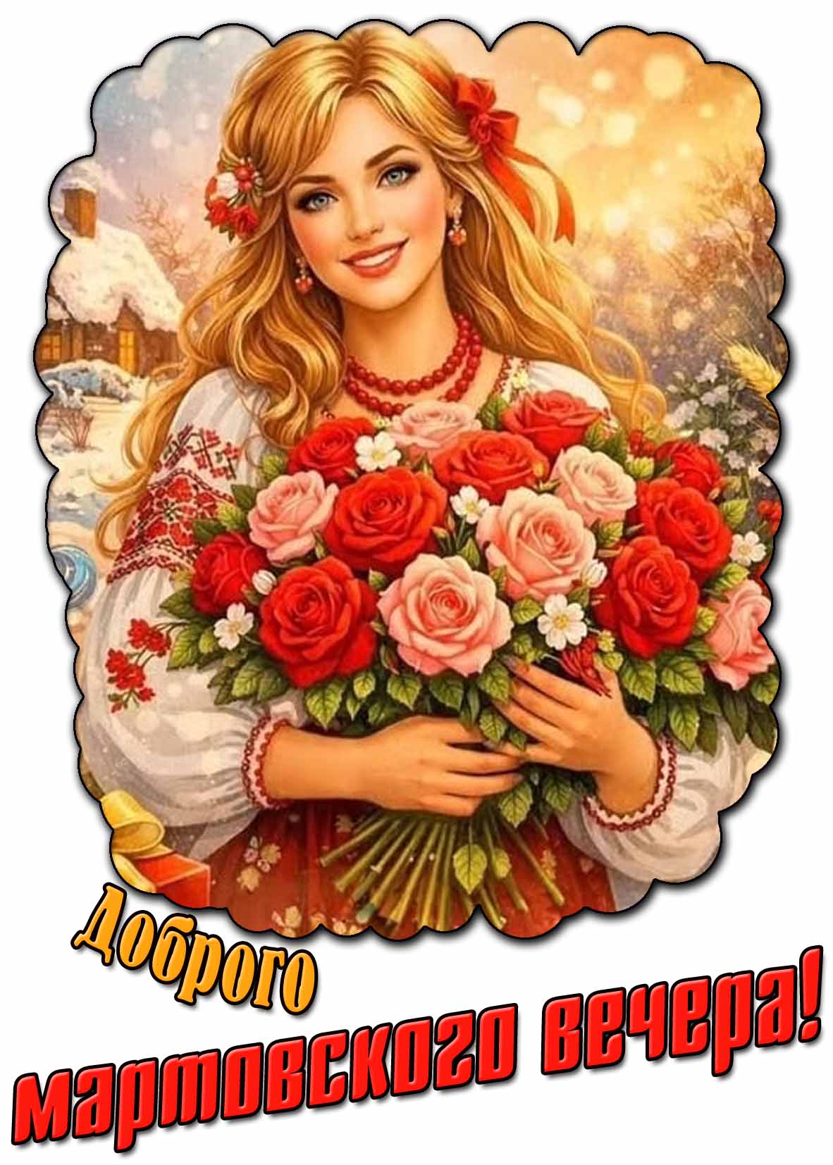 Доброго мартовского вечера! - открытка с девушкой с цветами