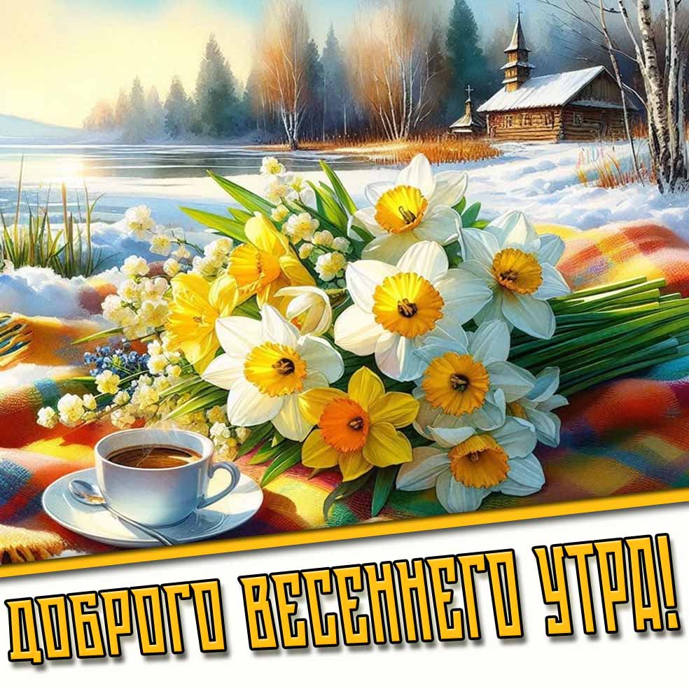Доброго весеннего утра! - картинка с цветами и кофе