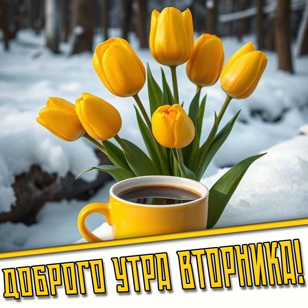 Доброго утра вторника! - зимняя открытка с цветами