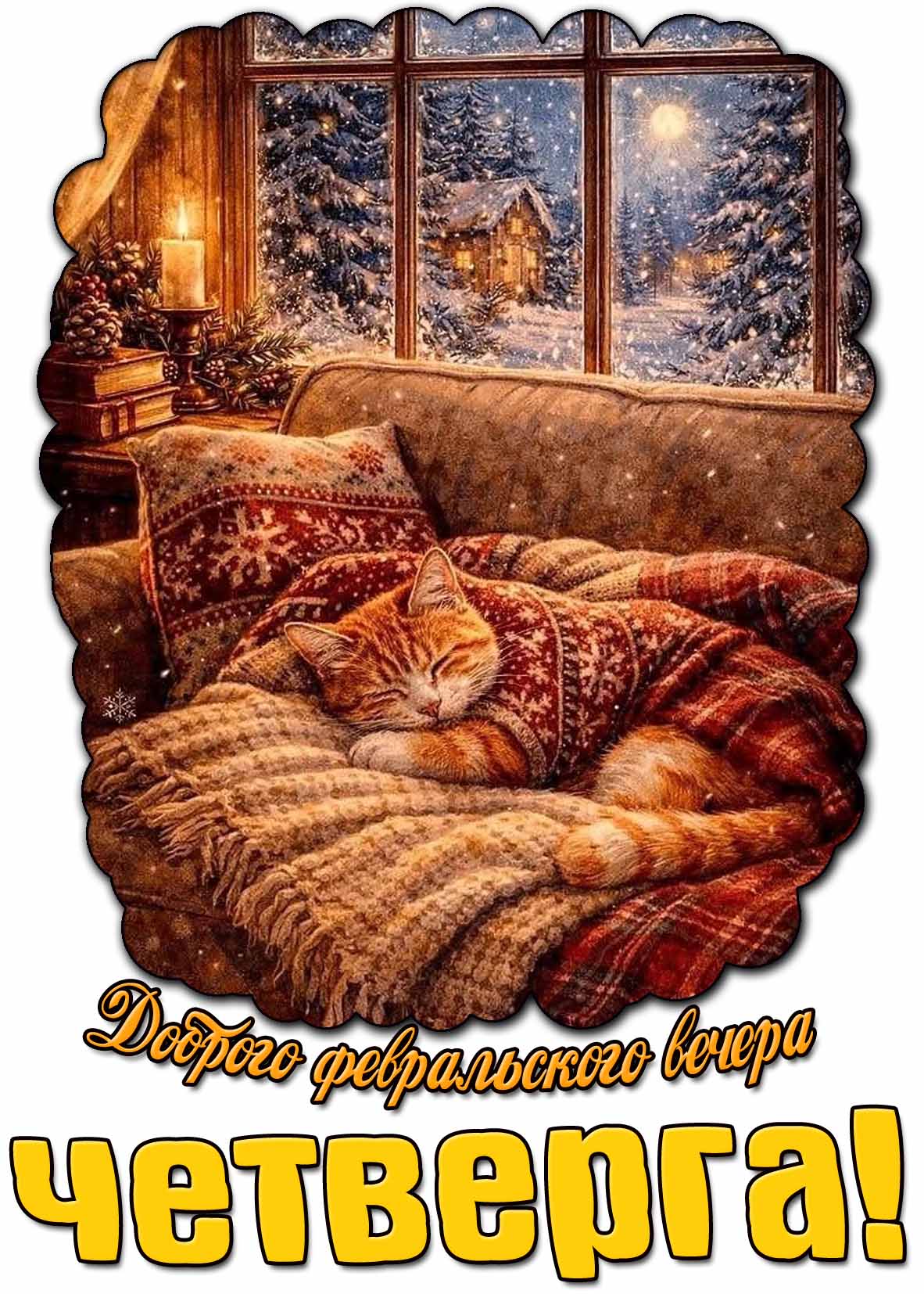 Красивая открытка со спящим на диване котом на фоне снегопада за окном, чтобы пожелать : Доброго февральского вечера четверга! Красивая открытка доброго февральского вечера четверга