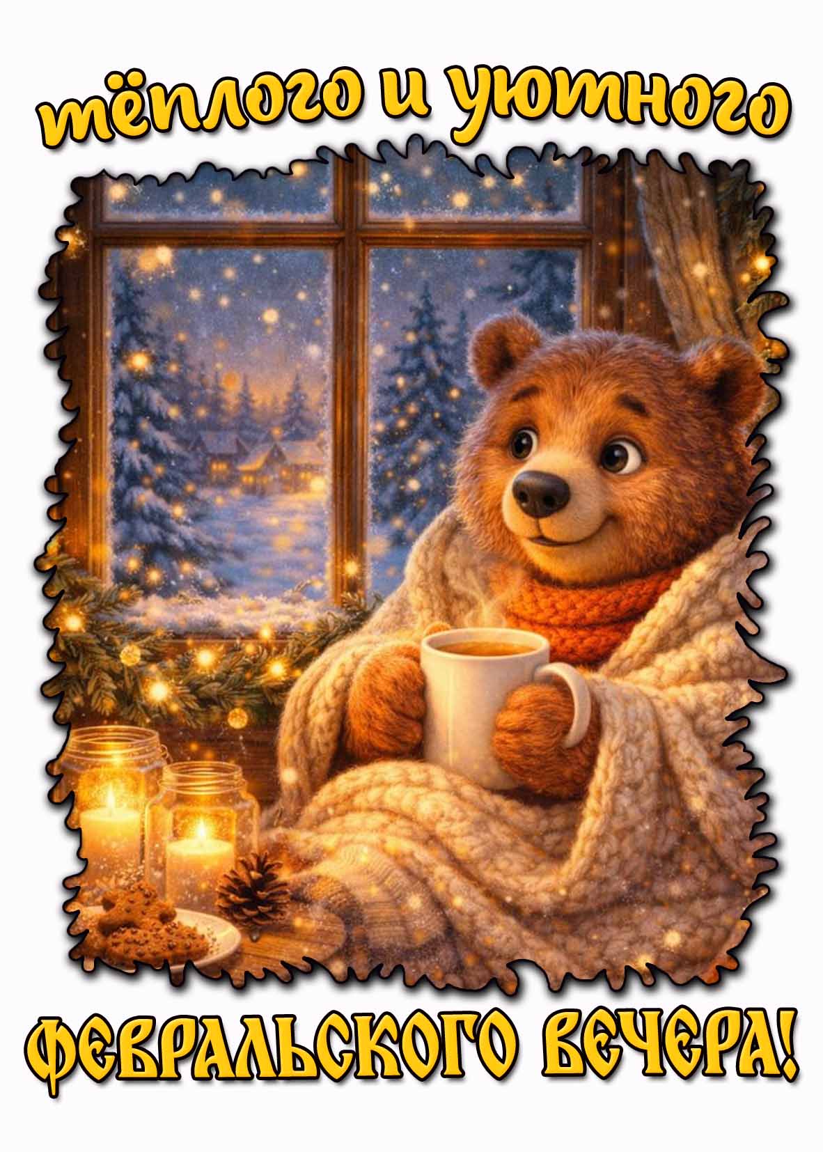 Открытка тёплого и уютного февральского вечера