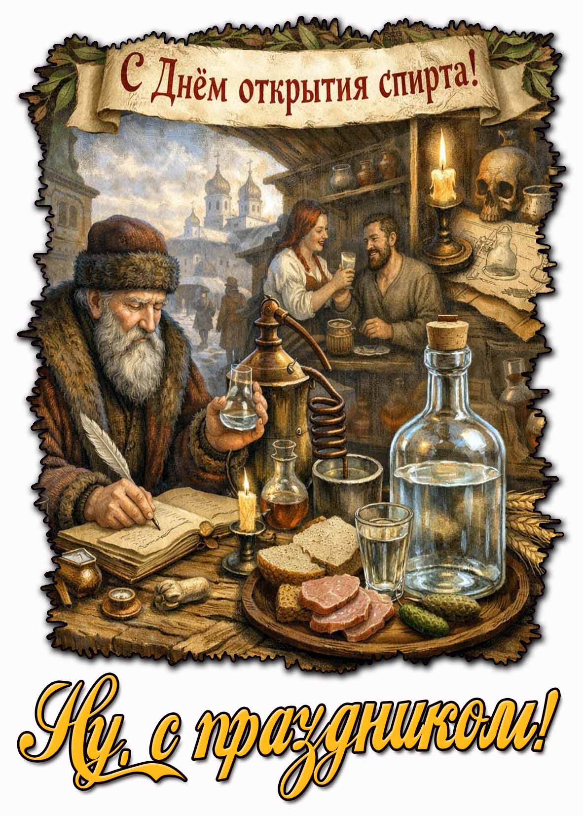 Открытка "С днём открытия спирта! Ну, с праздником!"