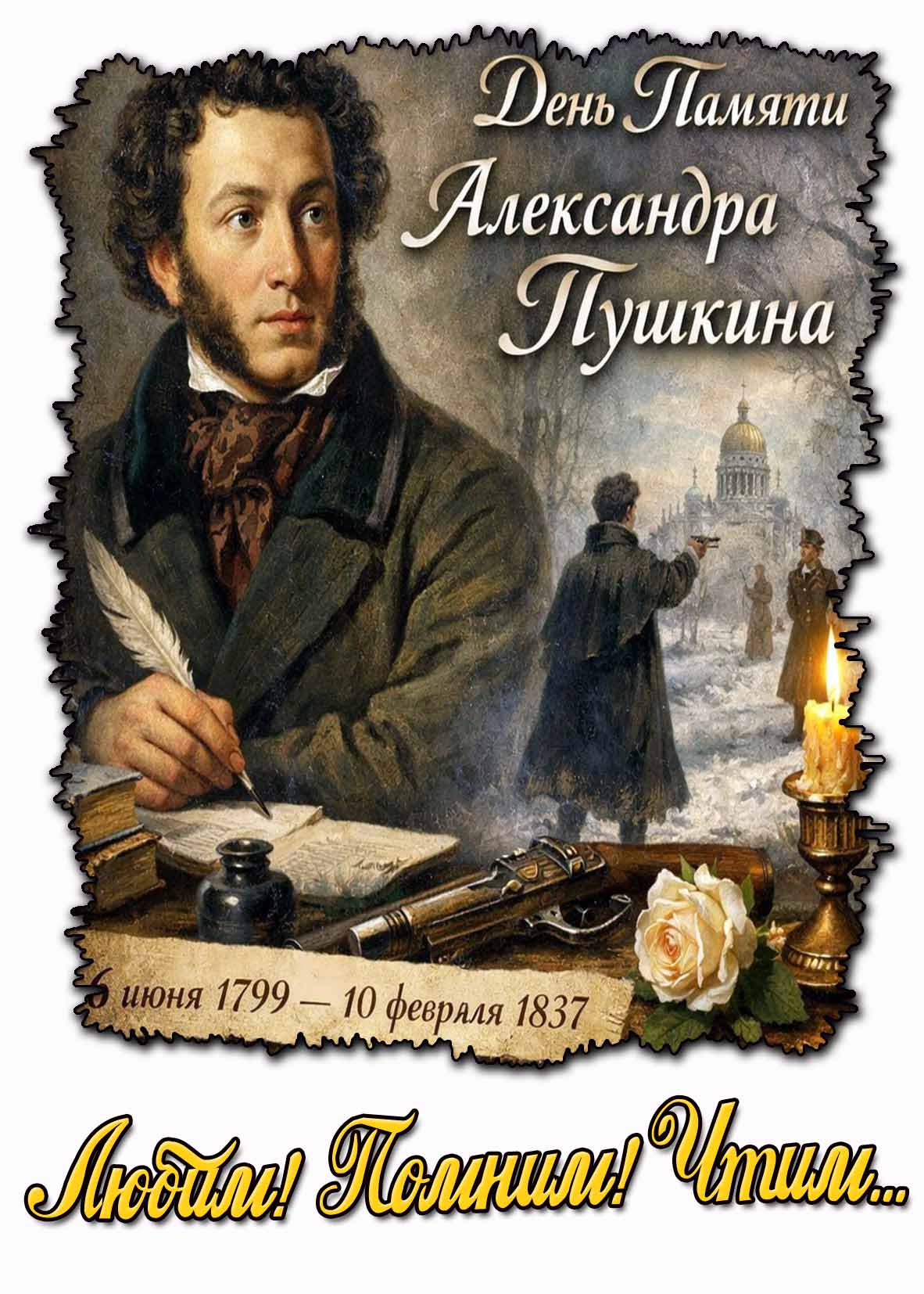 Открытка ко дню памяти Пушкина "Любим! Помним! Чтим..."