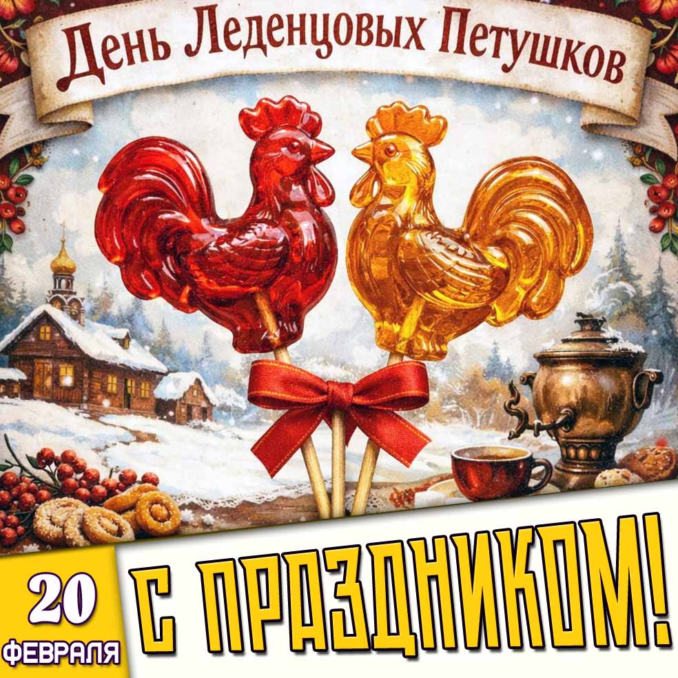 Открытка "20 февраля - с днём леденцовых петушков! С праздником!"