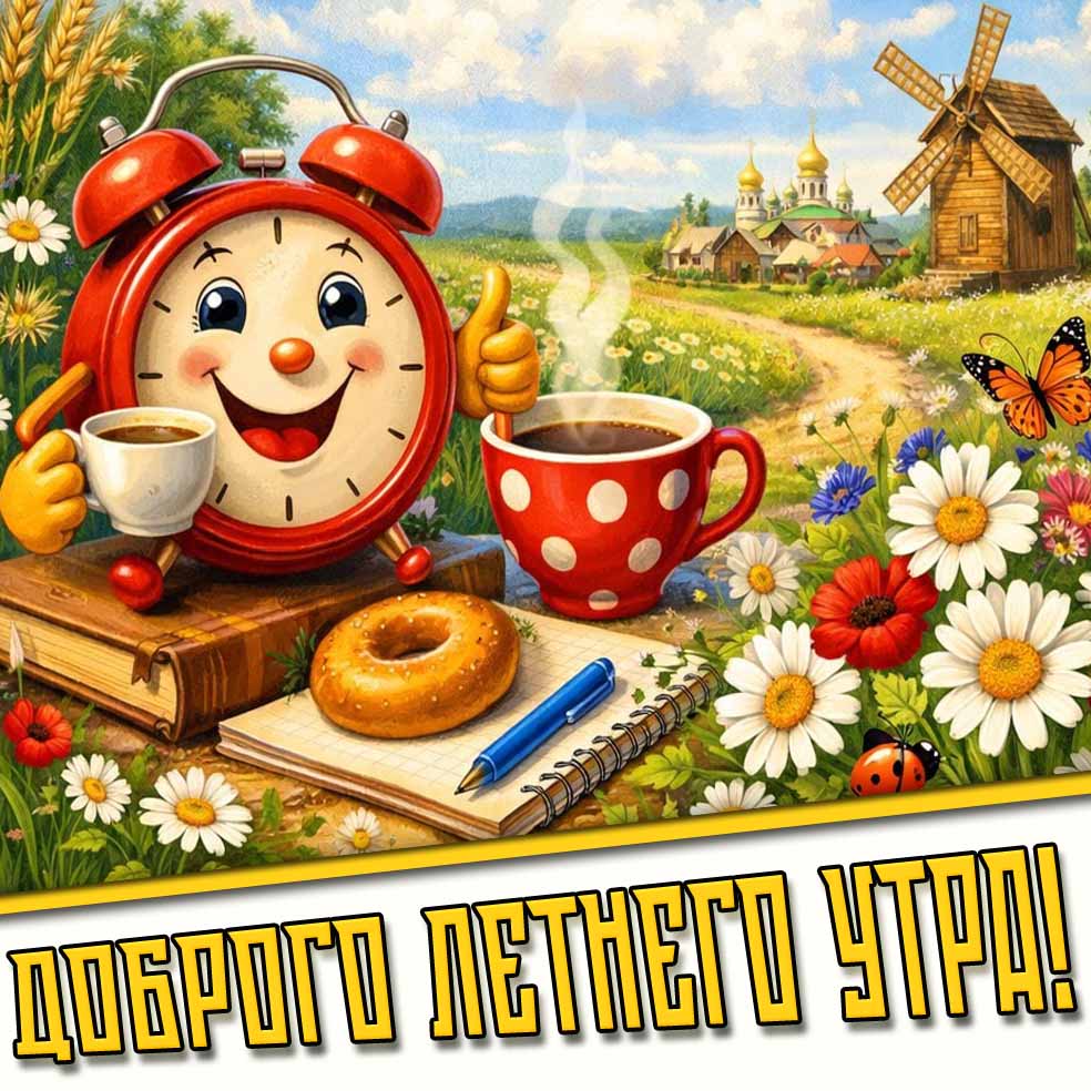 Доброго летнего утра! - открытка с кофе и будильником