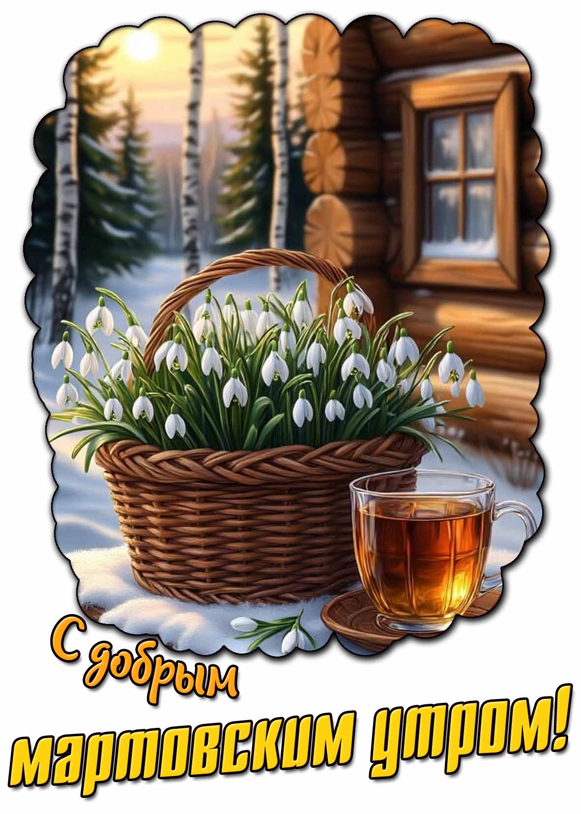 С добрым мартовским утром! - открытка с подснежниками и чаем