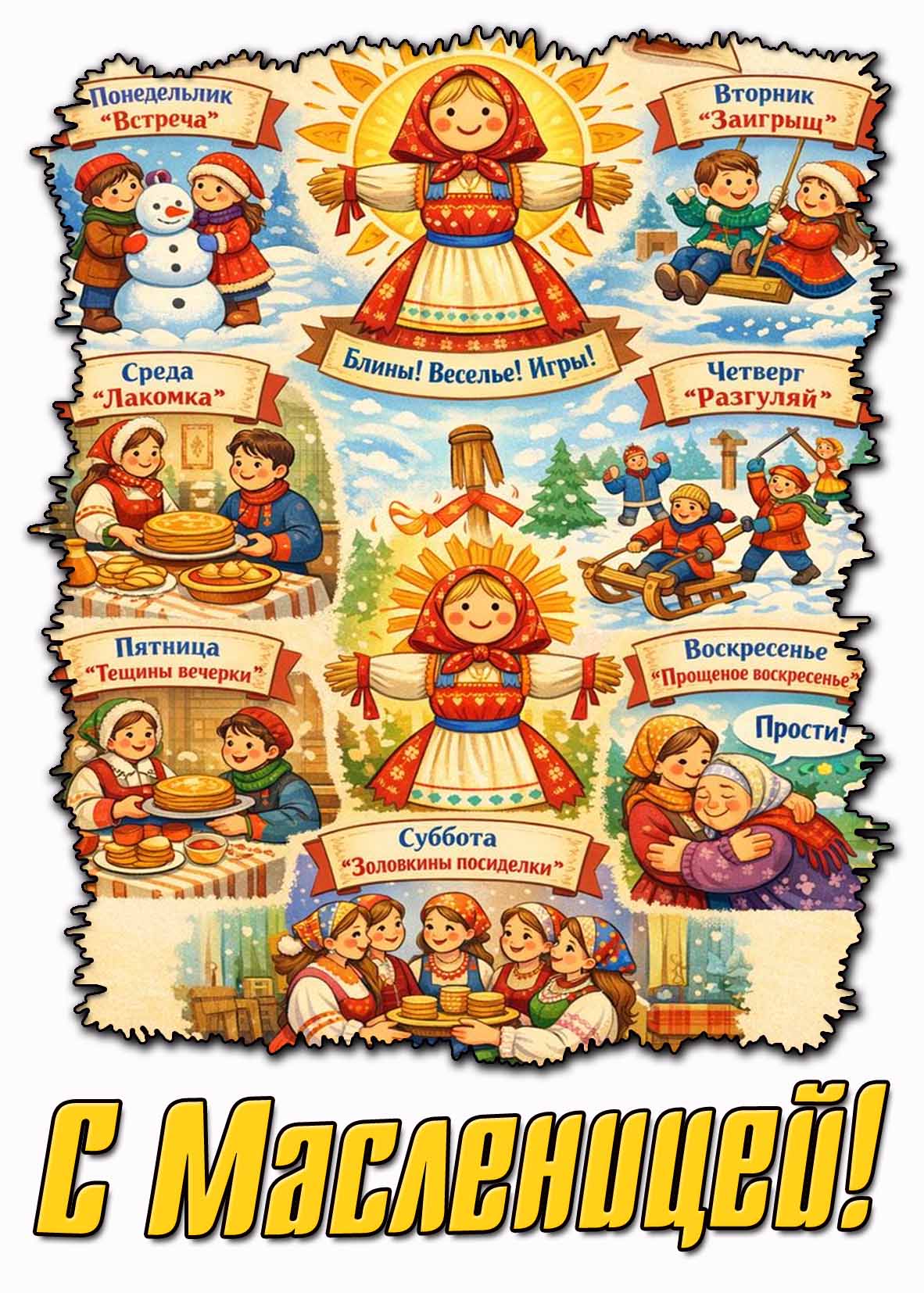 Красивая картинка, чтобы поздравить с Масленицей! И календарём, чтобы не забыть про каждый день : Картинка с календарём на Масленичную неделю