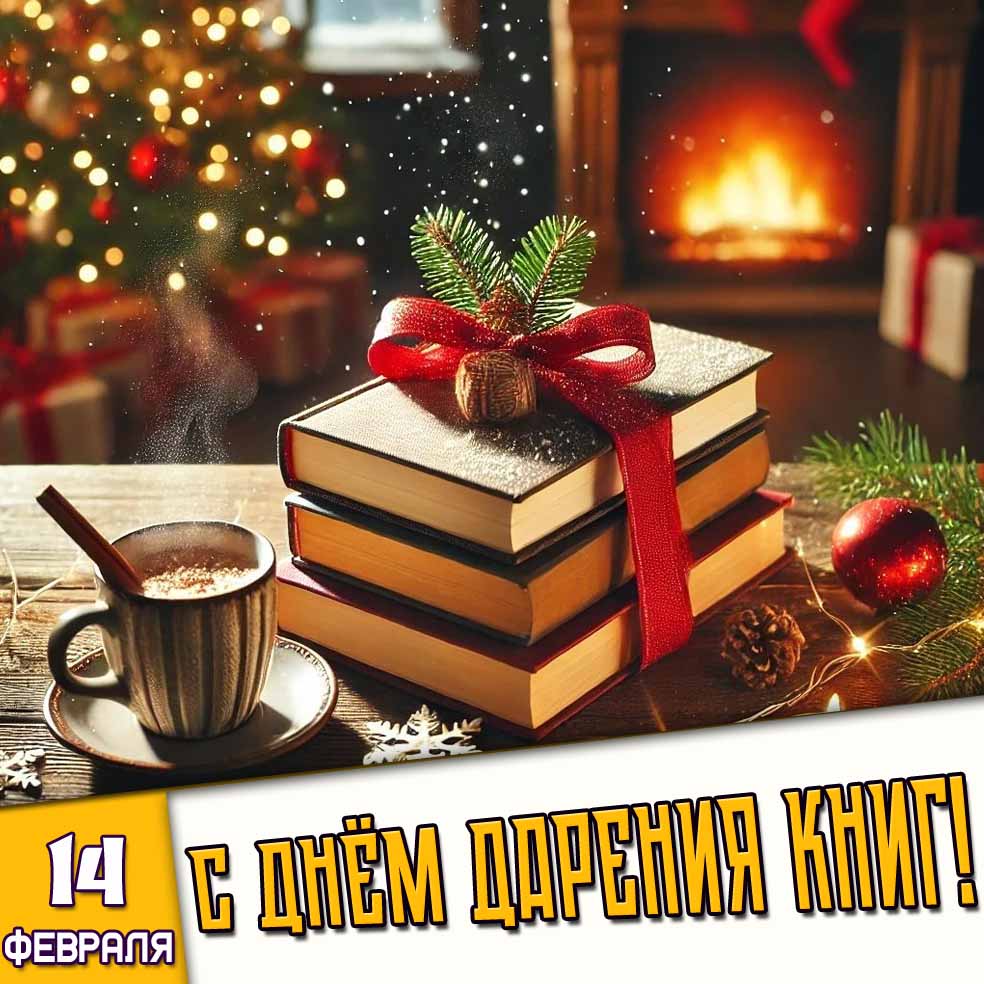 Открытка 14 февраля - с днём дарения книг!