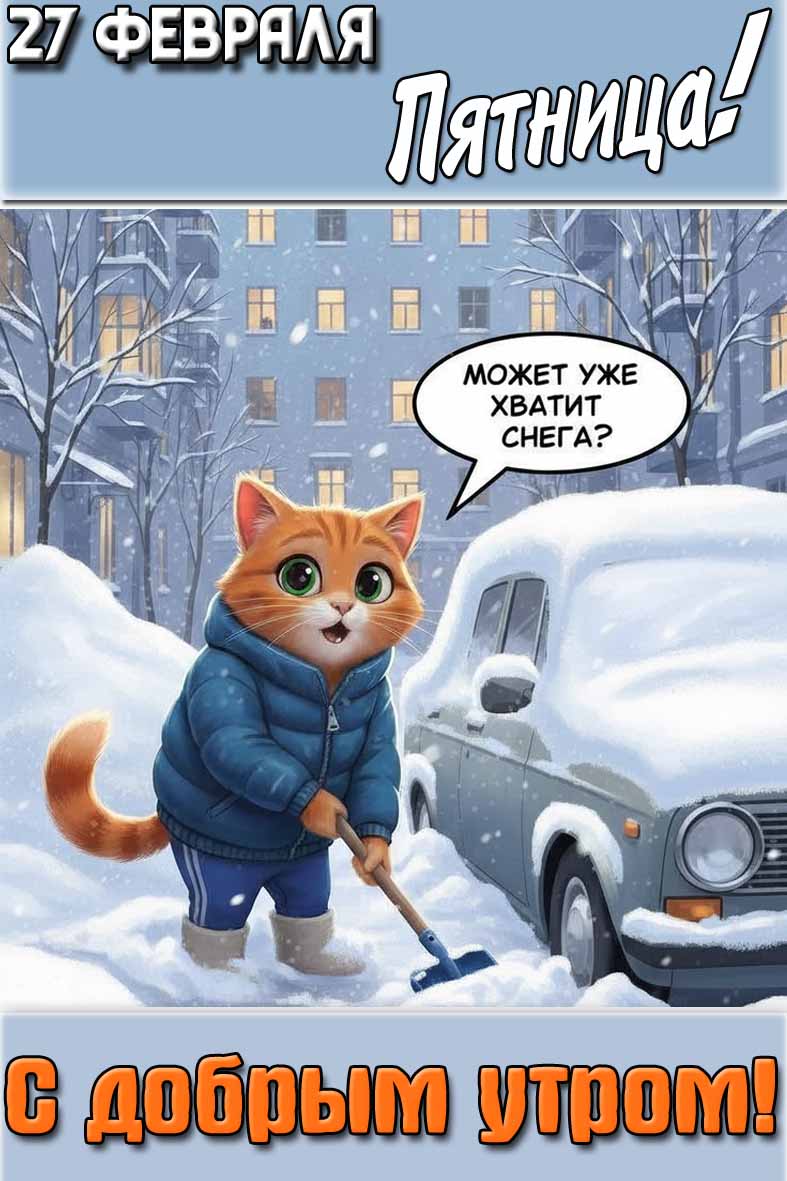 Открытка "27 февраля пятница! С добрым утром! Может уже хватит снега?"