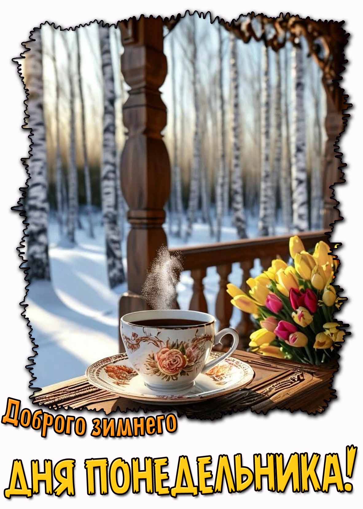 Доброго зимнего дня понедельника! - открытка с цветами и кофе