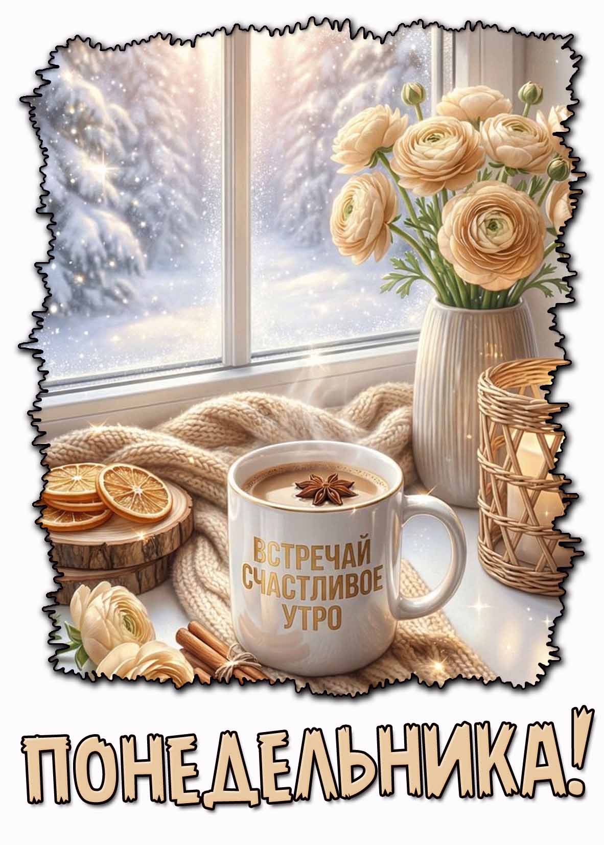 Зимняя картинка "Встречай счастливое утро понедельника!"