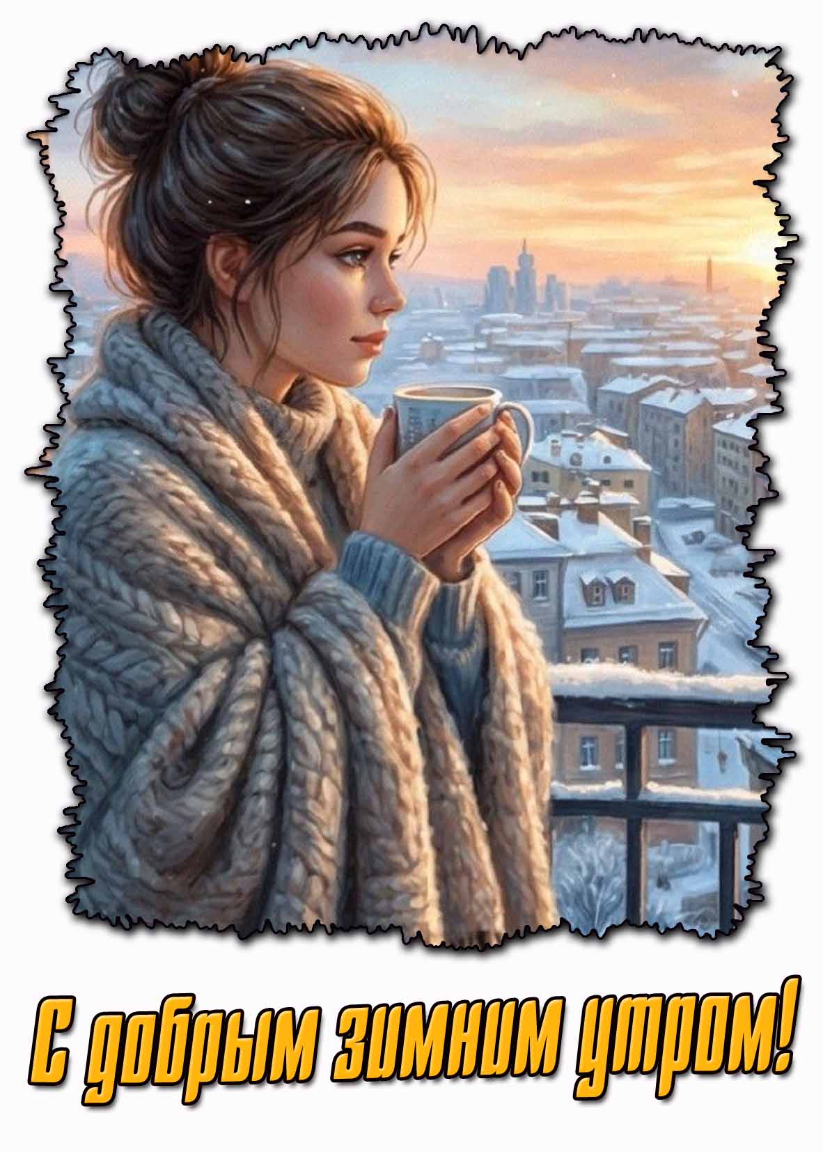 С добрым зимним утром! - открытка с девушкой с кофе