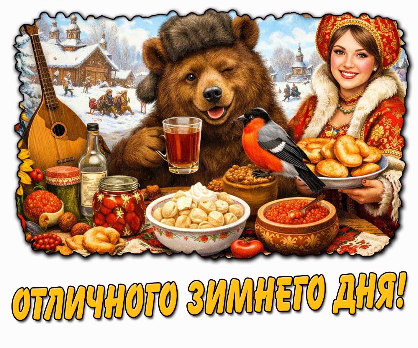 Отличного зимнего дня! - прикольная открытка с медведем