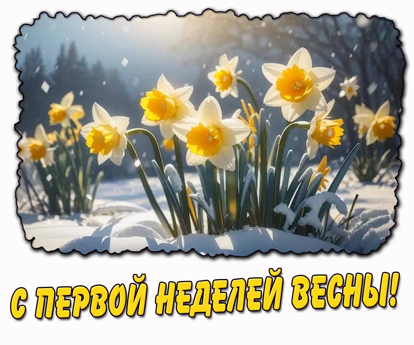 С первой неделей весны! - открытка с нарциссами