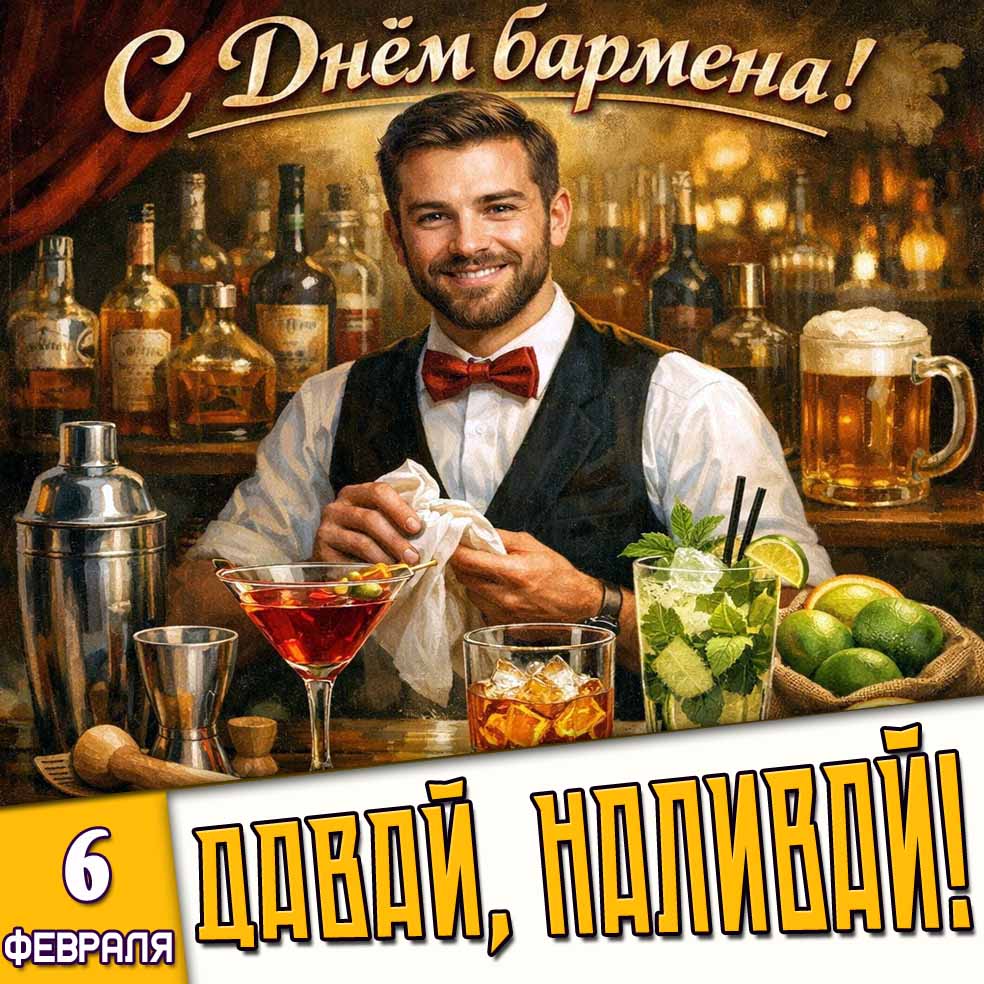Прикольная открытка "6 февраля - с днём бармена! Давай, наливай!"
