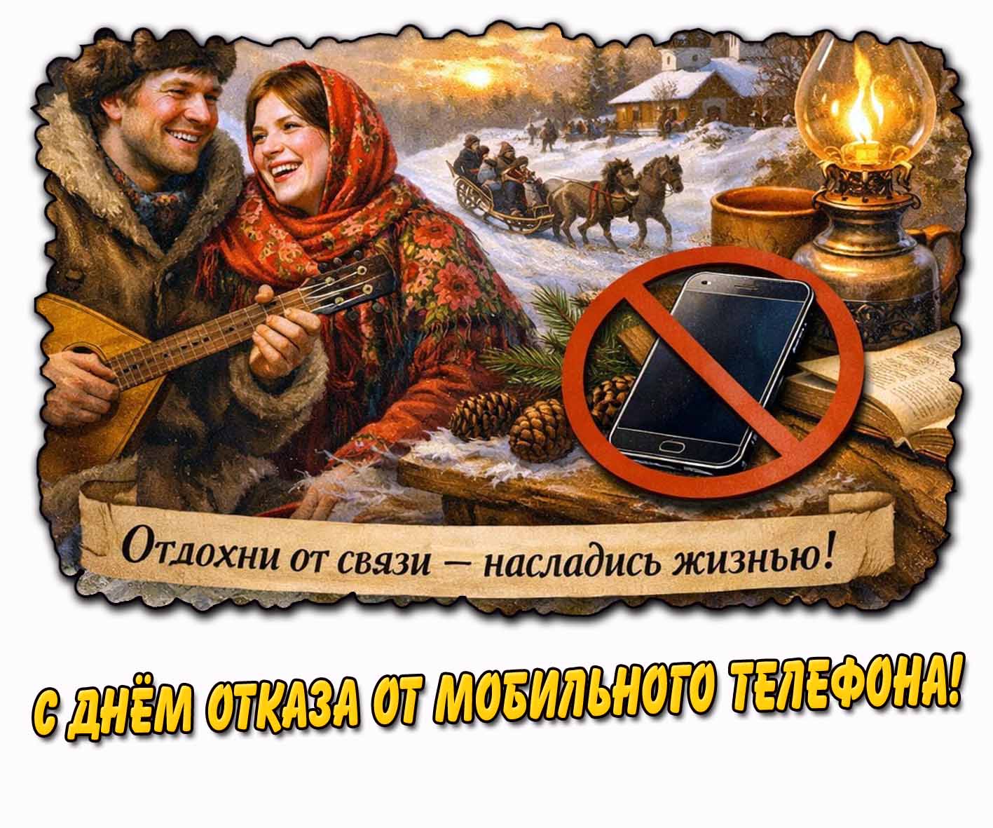 Открытка "С днём отказа от мобильного телефона! Отдохни от связи - насладись жизнью!"