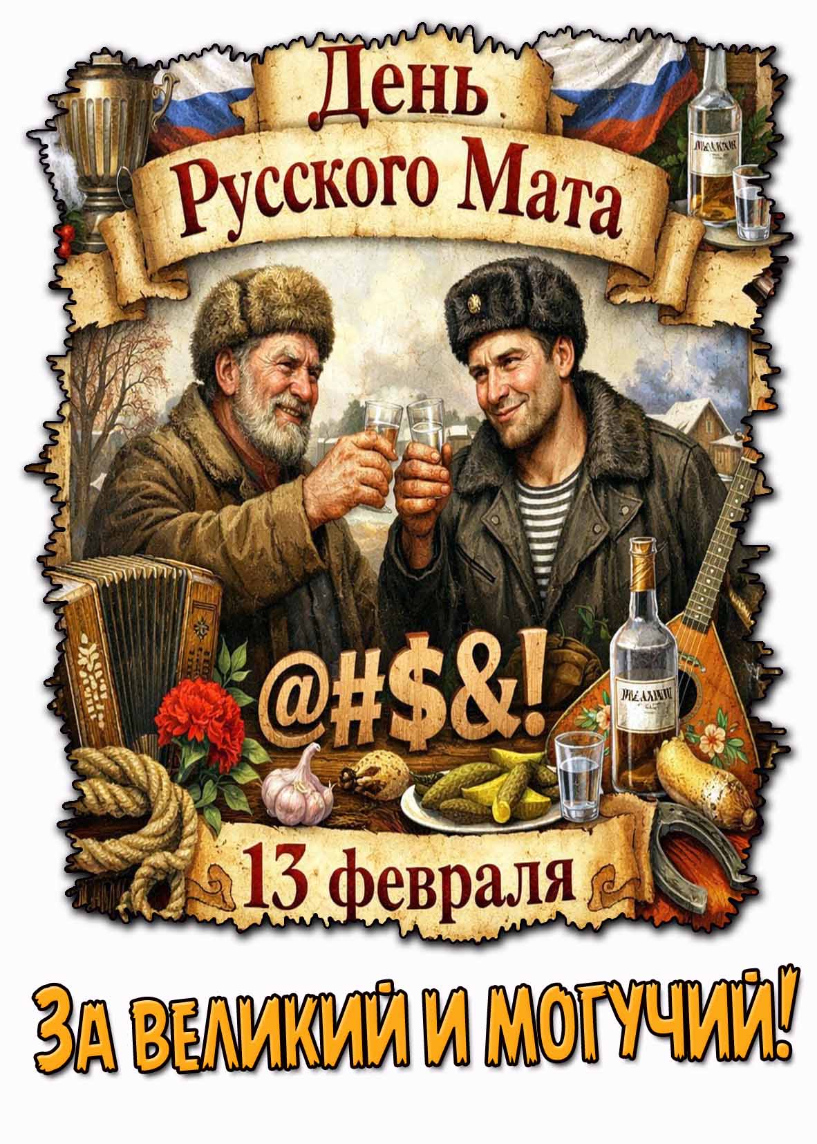 Открытка "13 февраля - день русского мата! За великий и могучий!"