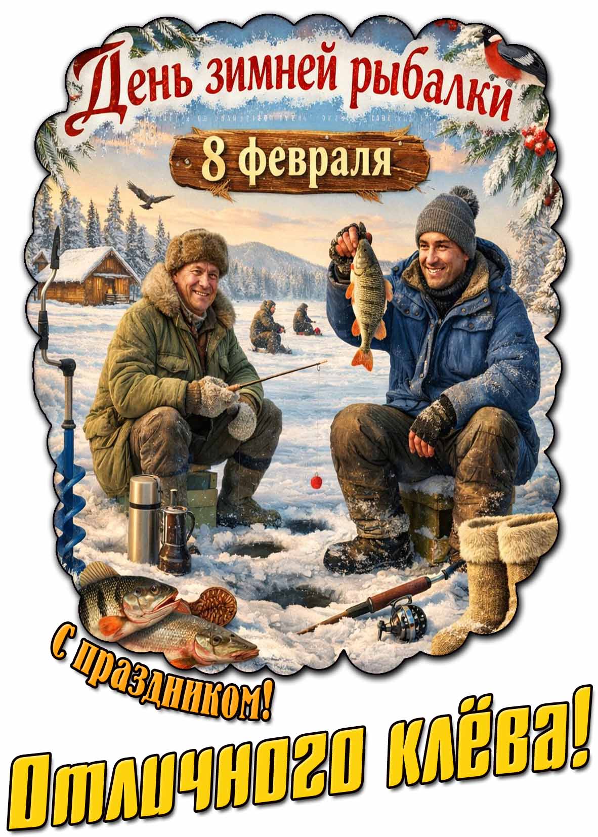 Открытка "8 февраля - день зимней рыбалки! С праздником! Отличного клёва!"
